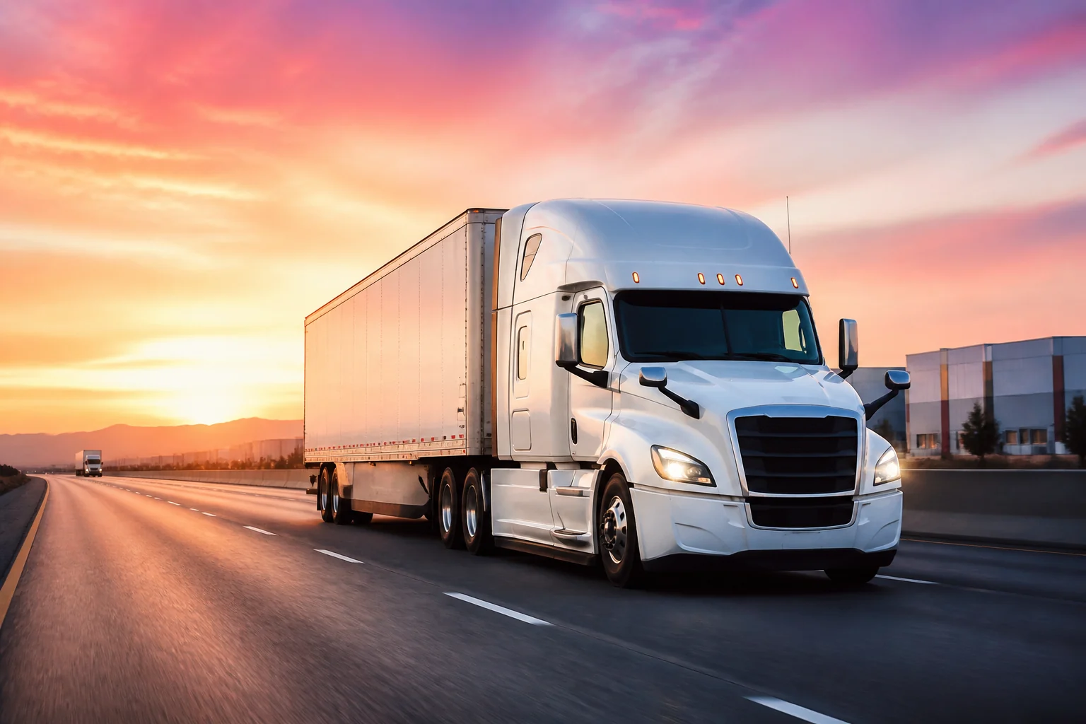 Modern white semi-truck operating on an American interstate