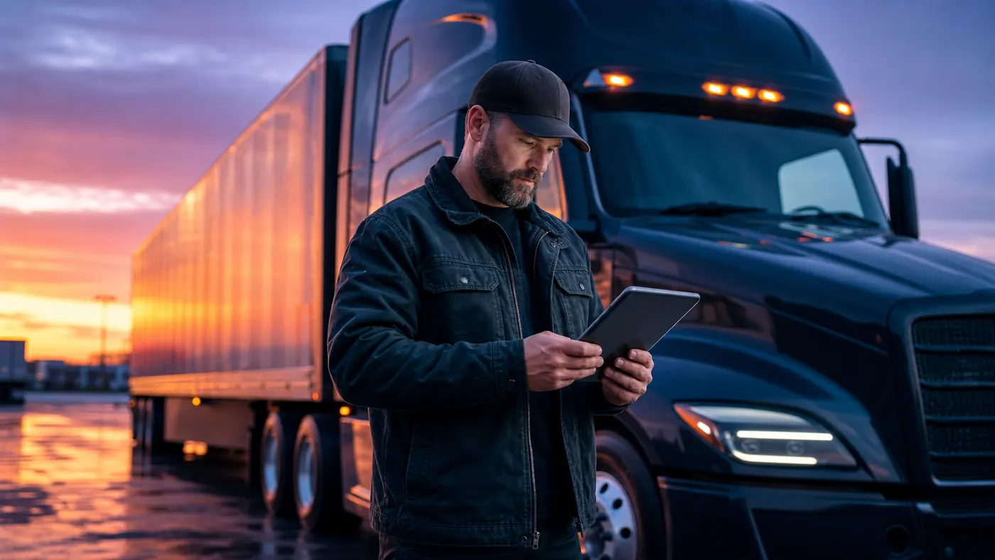 Owner-operator reviewing a load beside a freight truck